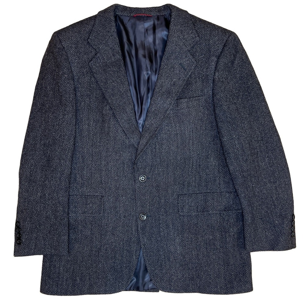 Hart Schaffner Marx Pure Virgin Wool Herringbone Sport Coat Men Navy Gray Blazer